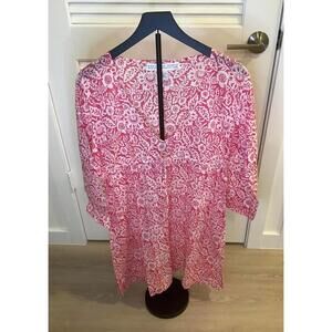 Gretchen Scott Pink White Floral Cotton Cover V Neck Pockets Beach Resortwear XL